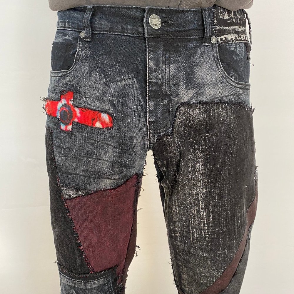 Acid Washed Black & Grey jeans with Metallic silver and CRIMSON Rose Tie Dye